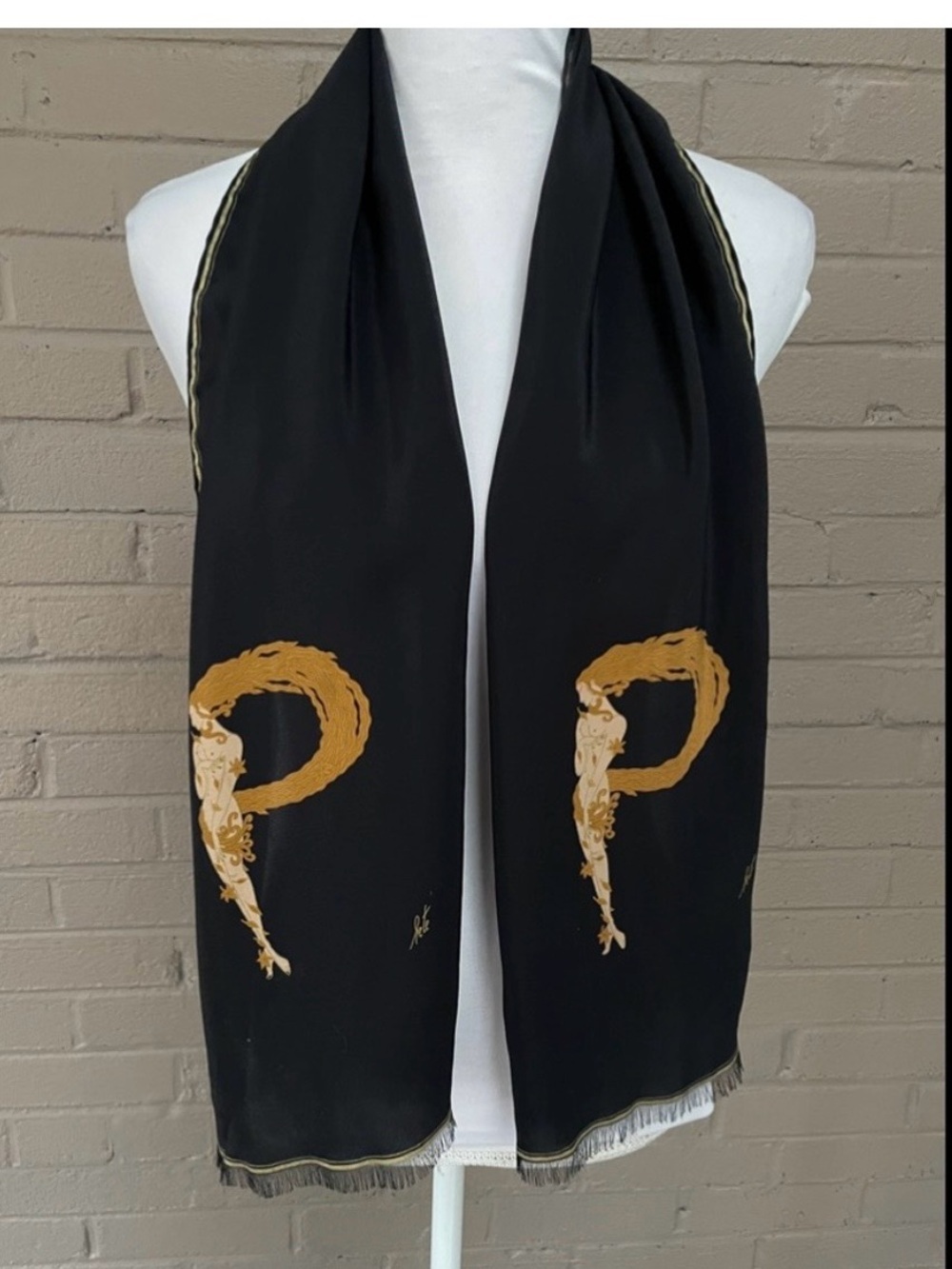 Erte Art Deco Nouveau Black & gold 100% Silk Scarf Mucha Aphrodite Letter P
